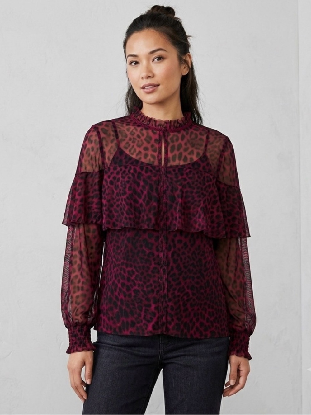Worthington XL Sheer Mesh Ruffle Blouse Dark Romantic Goth Red Cheetah Print Top